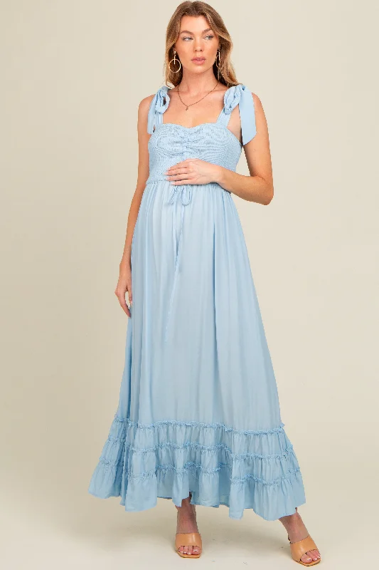 Light Blue Sweetheart Neck Smocked Shoulder Tie Maternity Maxi Dress