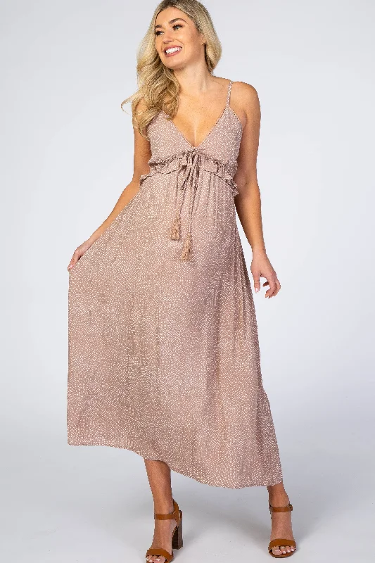 Light Mocha Dot Print V-Neck Maternity Midi Dress