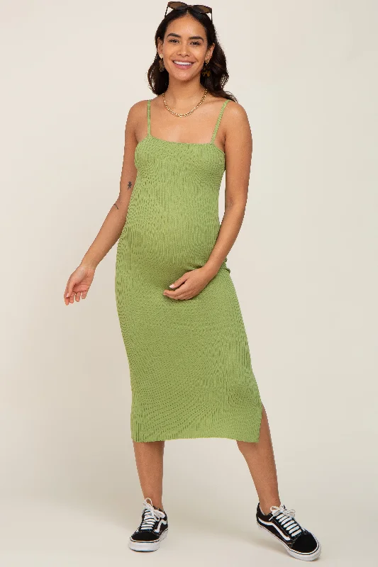 Light Olive Ribbed Knit Side Slit Maternity Midi Dress