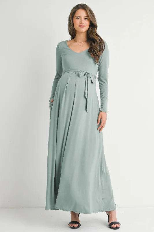 Long Sleeve V Neck  Maternity Maxi Dress with Waist Belt