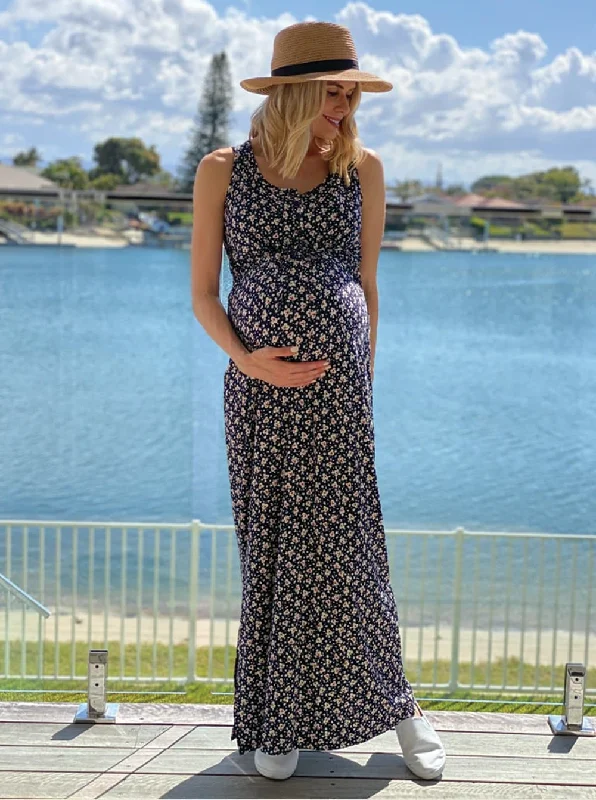 Maternity  Dress in Maxi in Navy Print