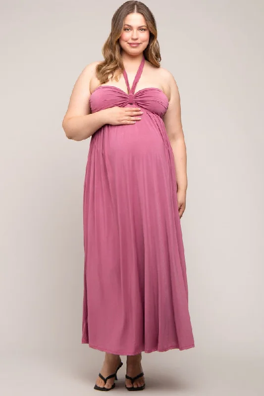 Mauve Front Knot Halter Maternity Plus Maxi Dress