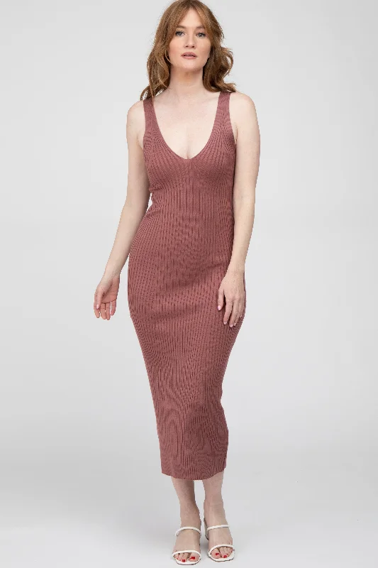 Mauve Ribbed Sleeveless Knit Midi Dress