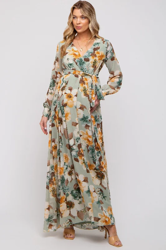 Mint Green Floral Chiffon Wrap Front V-Neck Long Sleeve Maternity Maxi Dress