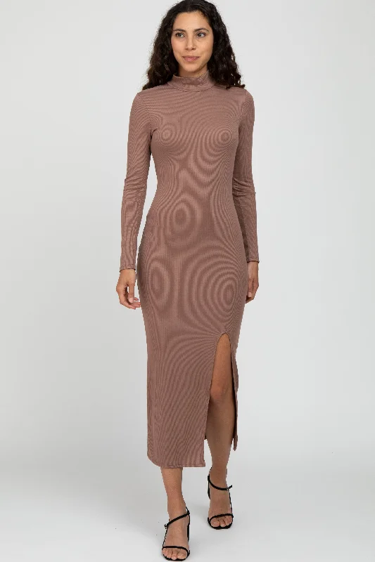 Mocha Ribbed Mock Neck Side Slit Maxi Dress