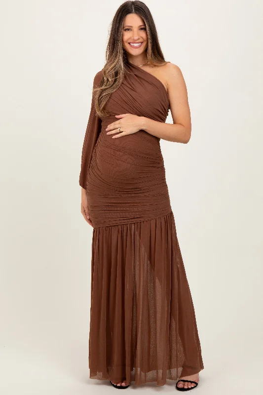 Mocha Ruched Mesh One Shoulder Asymmetric Maternity Maxi Dress