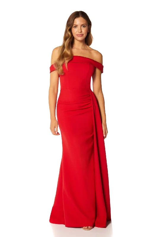 Monica Off Shoulder Maxi Dress Pleated Side Skirt Drape