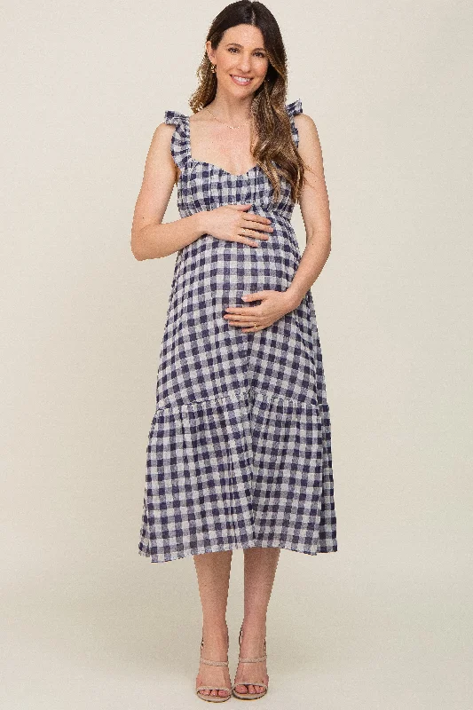 Navy Blue Checkered Linen Sweetheart Neck Ruffle Strap Maternity Midi Dress