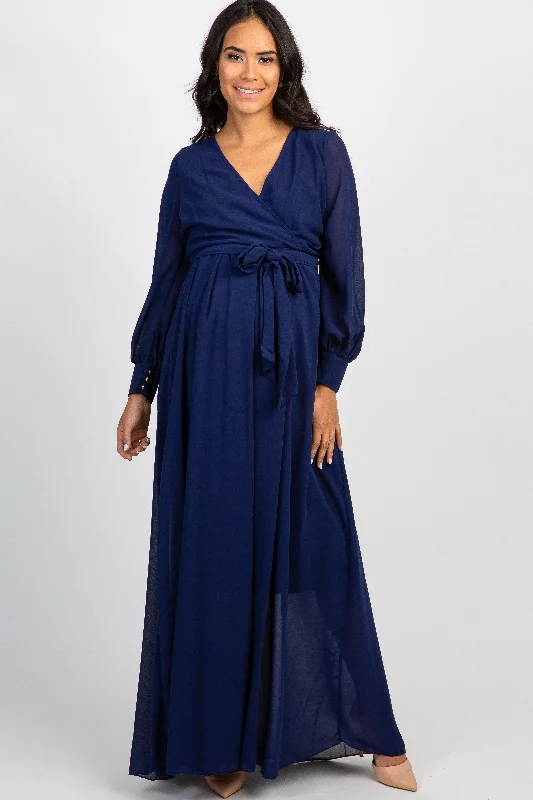 Navy Chiffon Long Sleeve Pleated Maternity Maxi Dress