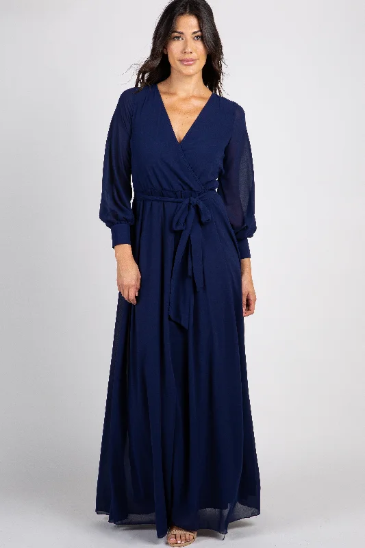 Navy Chiffon Long Sleeve Pleated Maxi Dress