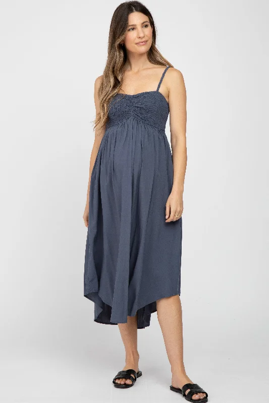 Navy Maternity Smocked Maternity Midi Dress