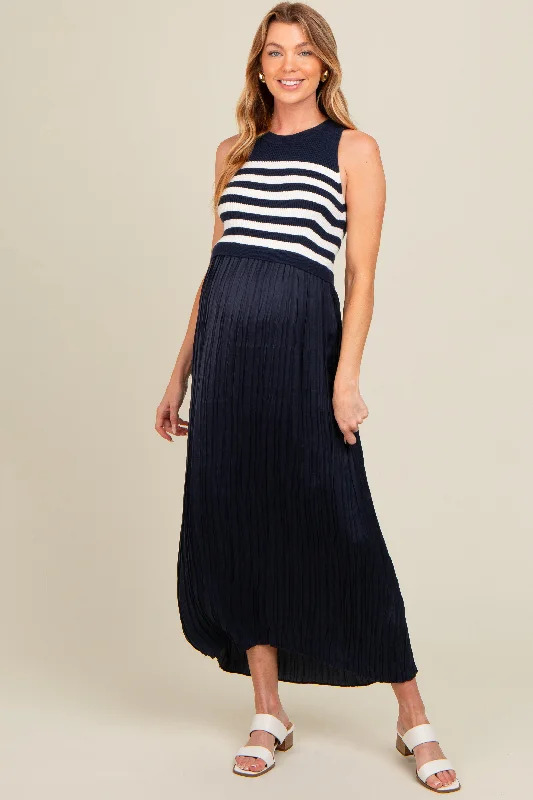 Navy Striped Contrast Knit Maternity Pleated Maxi Dress