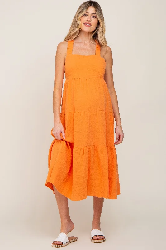 Neon Orange Tiered Crisscross Strap Maternity Midi Dress