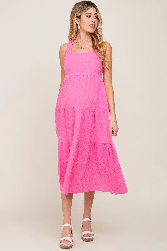 Neon Pink Tiered Crisscross Strap Maternity Midi Dress