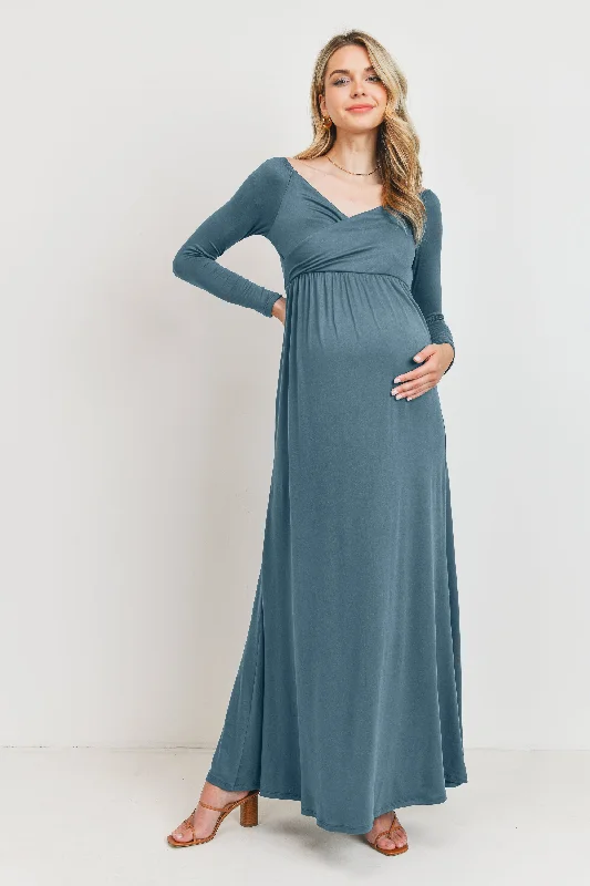 Off Shoulder or Wide V-Neck Maternity Maxi Dress