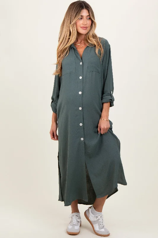 Olive Long Sleeve Button Down Maternity Maxi Dress