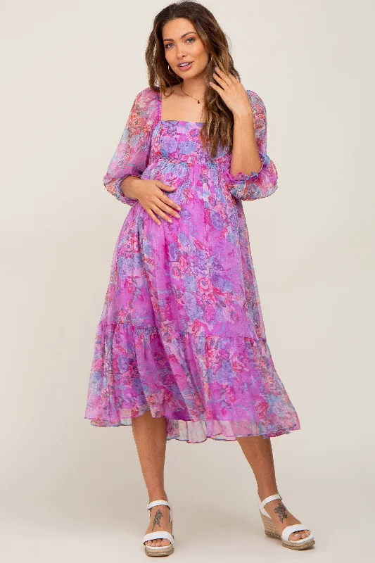 Pink Floral Shimmer Chiffon Maternity Midi Dress