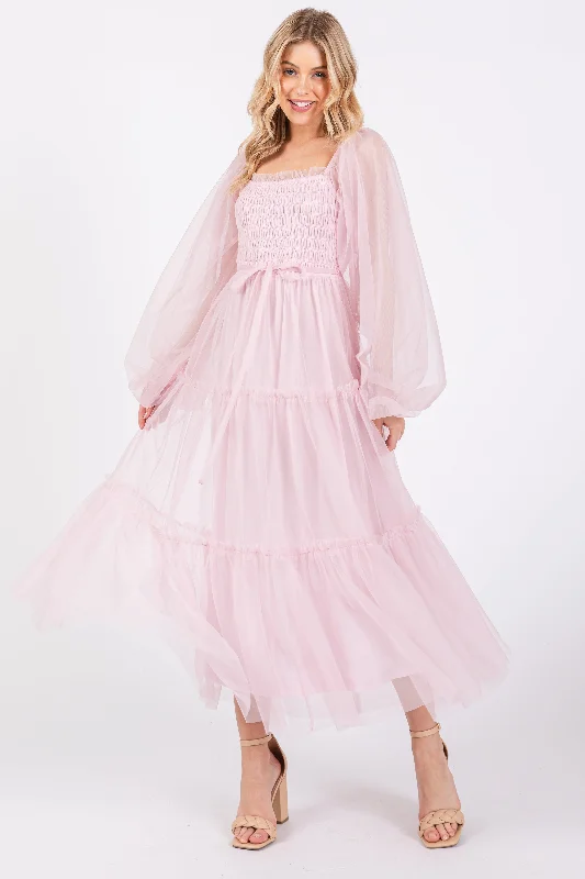 Pink Mesh Tiered Long Sleeve Maxi Dress