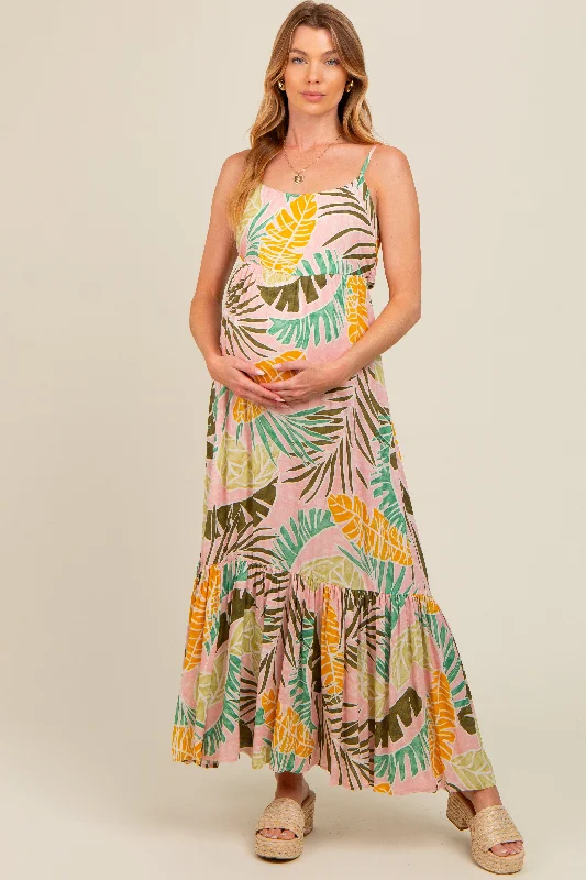 Pink Tropical Print Maternity Maxi Dress