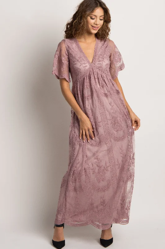 PinkBlush Mauve Lace Mesh Overlay Maxi Dress