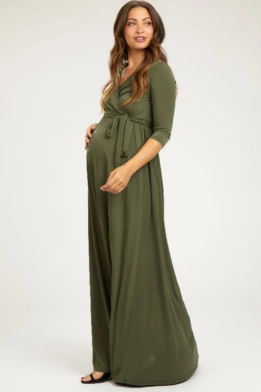 PinkBlush Olive Green Draped 3/4 Sleeve Maternity Maxi Dress