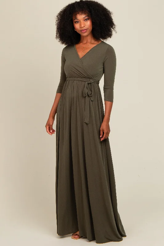 PinkBlush Olive Green Draped 3/4 Sleeve Maxi Dress