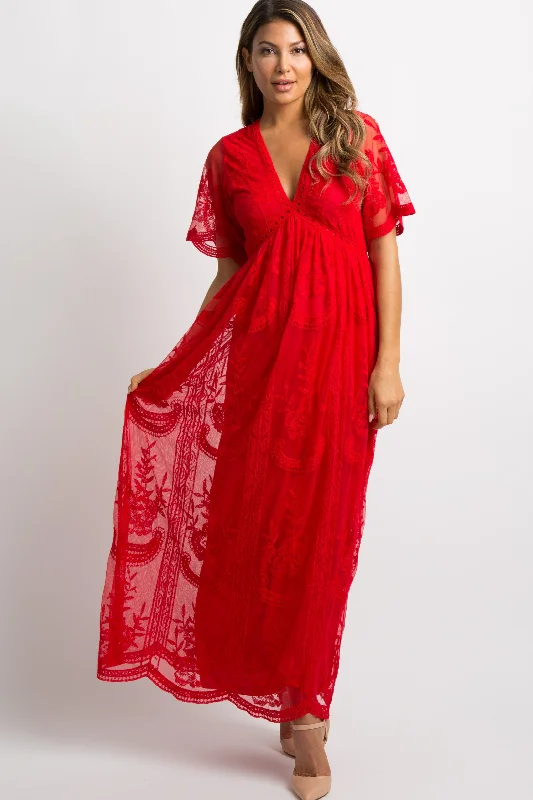 PinkBlush Red Lace Mesh Overlay Maxi Dress