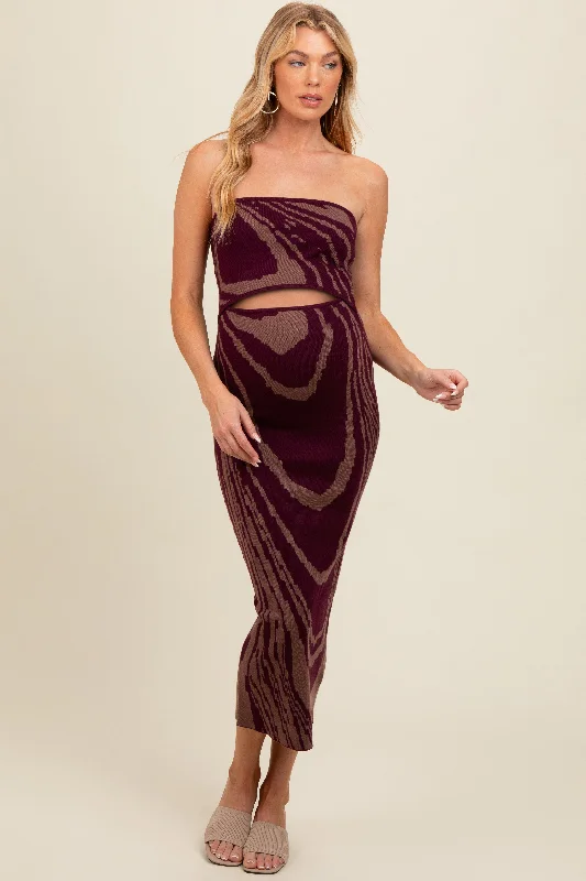 Purple Printed Strapless Cutout Fitted Maternity Maxi Dress