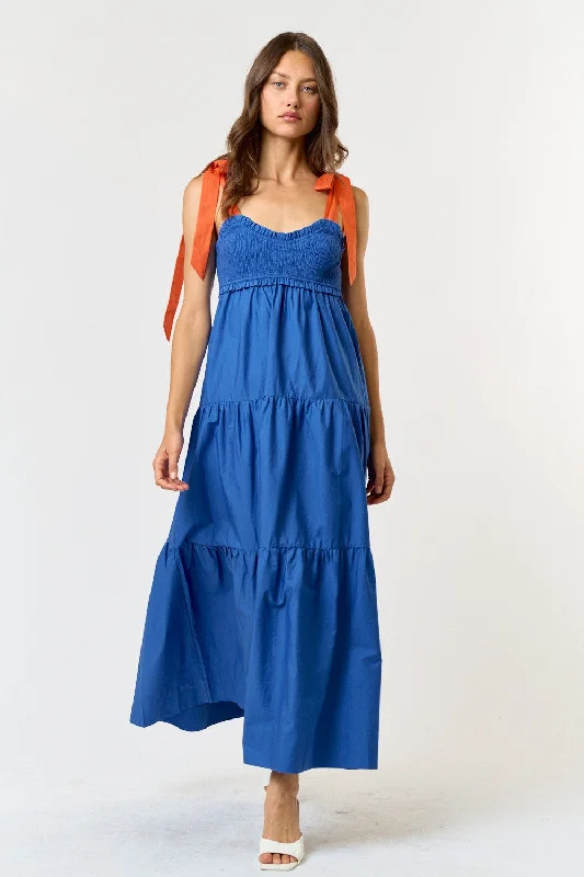 Royal Blue Contrast Shoulder Straps Maxi Dress