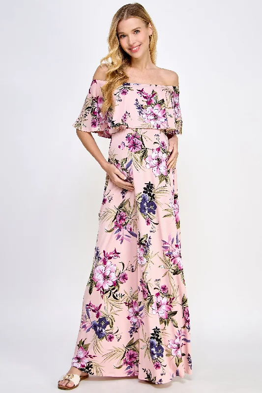 Ruffle Off The Shoulder Maxi Maternity Dress