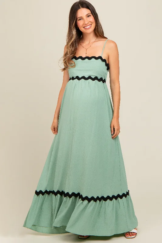 Sage Sleeveless ZigZag Accent Maternity Maxi Dress