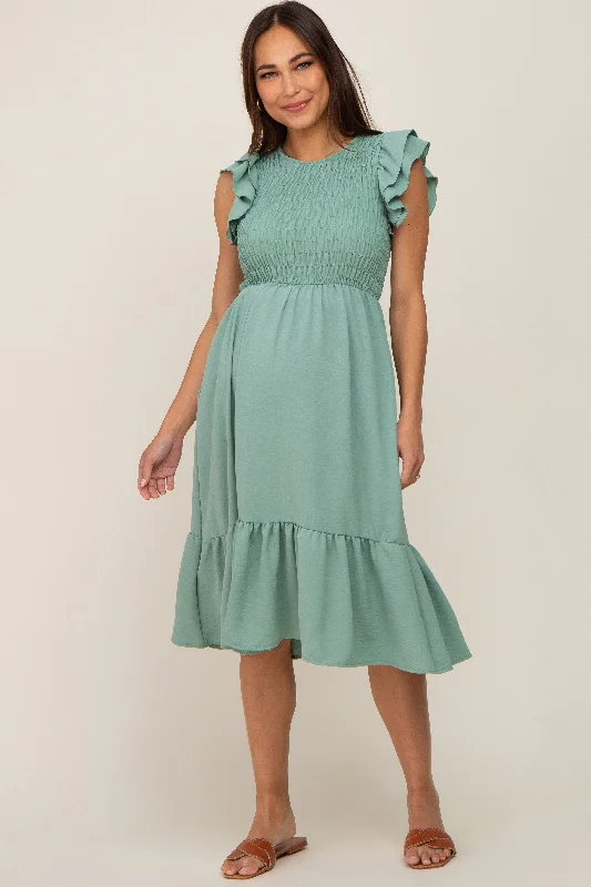 Sage Smocked Layered Ruffle Flutter Sleeve Maternity Midi Dress