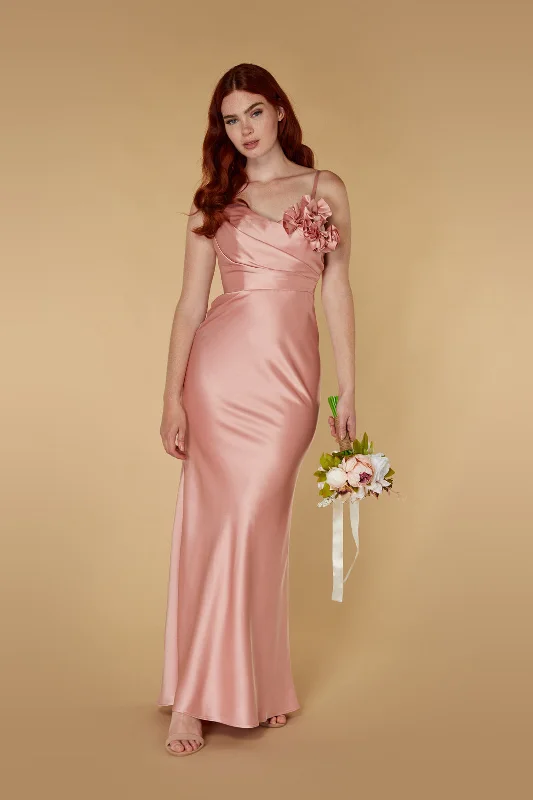 Sandy One Shoulder Satin Maxi Dress with Appliqué Detail