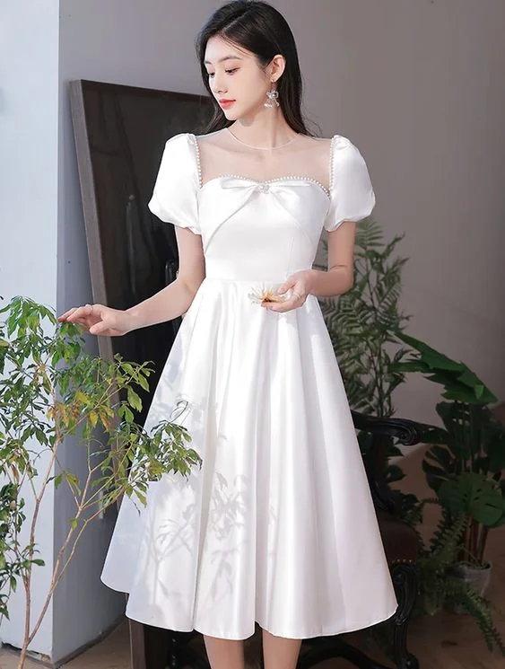 Simple Elegant White Satin Prom Dress Midi Evening Ball Gown    S3278