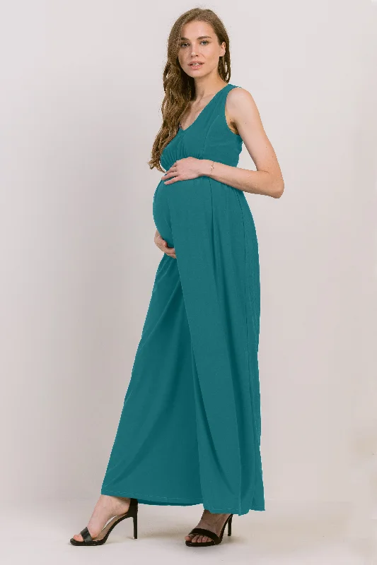 Sleeveless V Neck Waist Elastic Maternity Maxi Dress