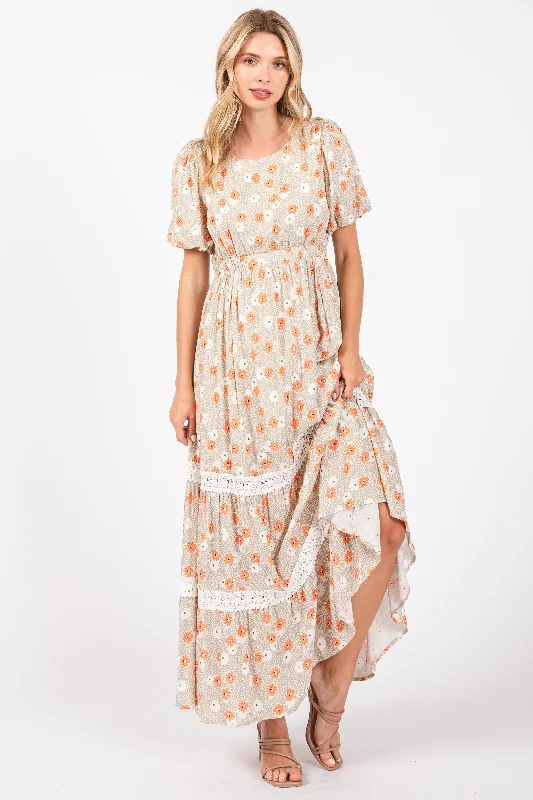 Taupe Floral Lace Trim Maxi Dress