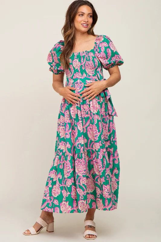 Teal Floral Square Neck Smocked Maternity Midi Dress