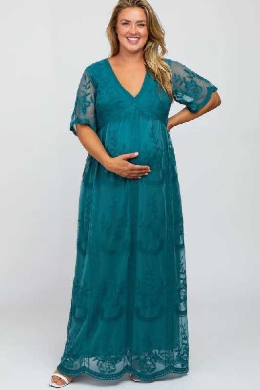 Teal Lace Mesh Overlay Maternity Plus Maxi Dress