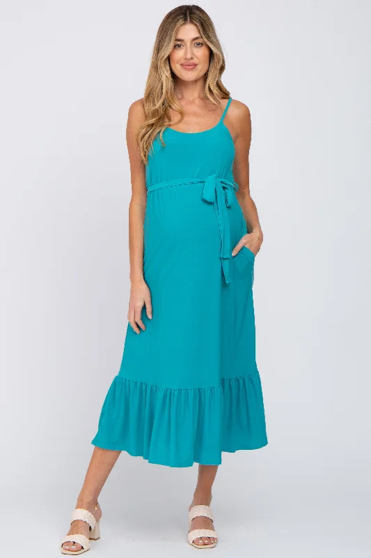 Turquoise Waist Tie Ruffle Hem Maternity Midi Dress