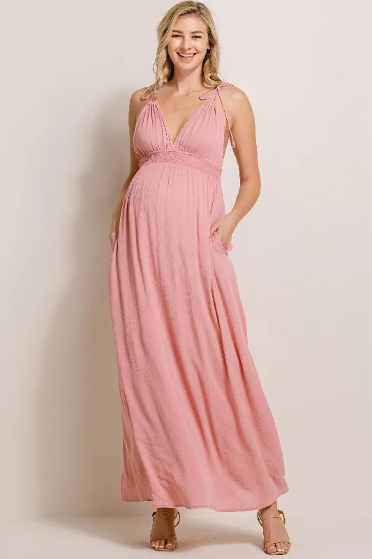 V-Neck Open Back Maxi Maternity Dress