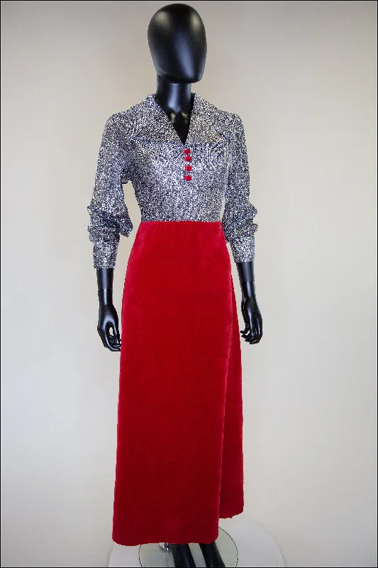 Vintage 1970s Red Silver Velvet Maxi Dress