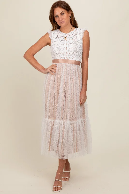 White Lace Contrast Tulle Maxi Dress