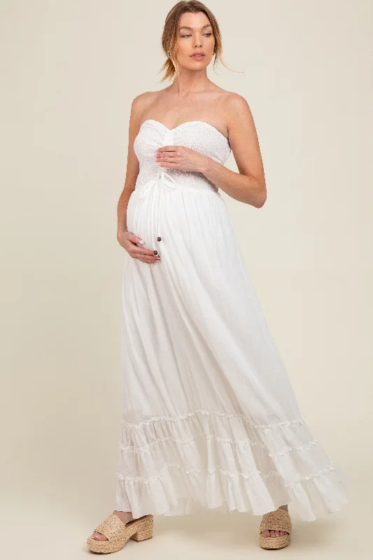 White Smocked Cutout Back Maternity Maxi Dress