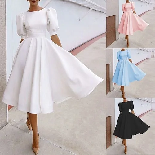 Women's Party Dress Casual Dress Midi Dress Black White Pink Short Sleeve Pure Color Backless Summer Prom Dress      S2760