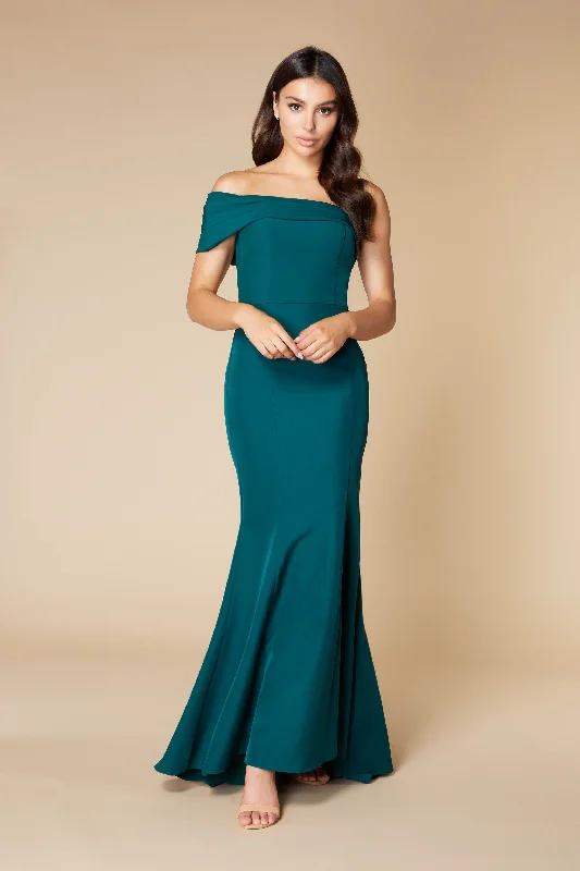 Zoya Off Shoulder Fishtail Maxi Dress with Train